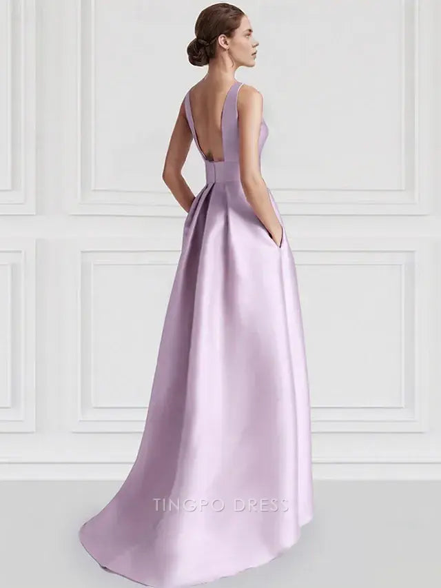 Elegant Round Neck Flower Detail High - Low Satin Maxi Dress with Open Back Prom Dress